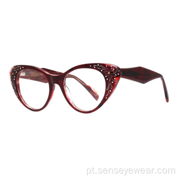 Moda Mulheres Rhinestone Acetato Óculos Ópticos Quadro